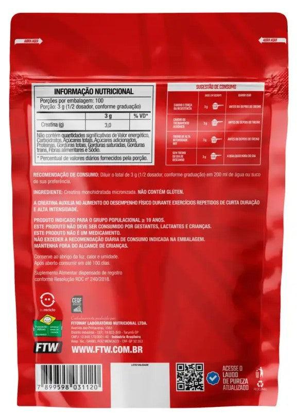CREATINA MONOHIDRATADA 100% PURA FTW 300G REFIL